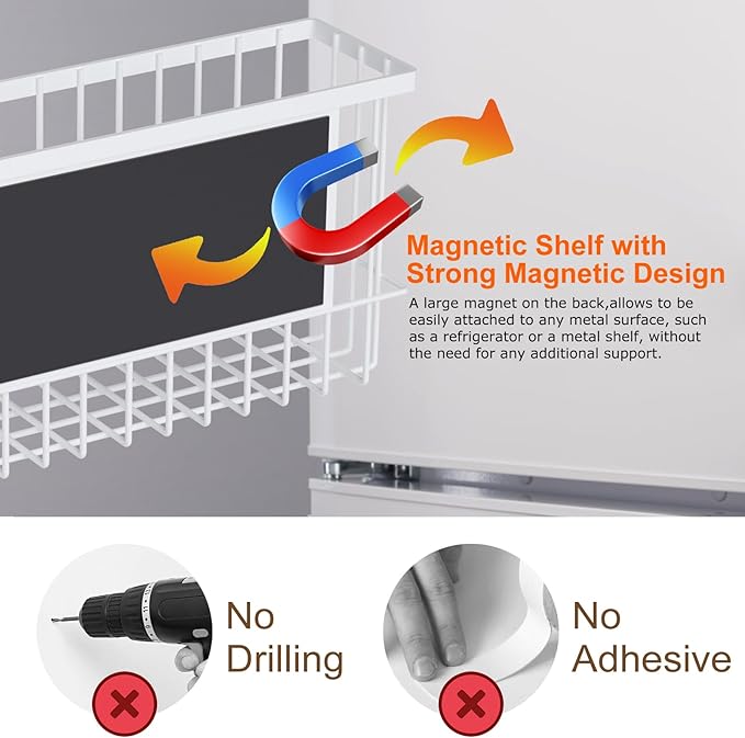 Magnetic Refrigerator Baskets, Fridge Spice Rack Organizer with Hooks, Strong Magnet Metal Hanging Wire Storage Basket Storage Bin Box Container for Pegboard /Refrigerator/Whiteboard/Locker-White