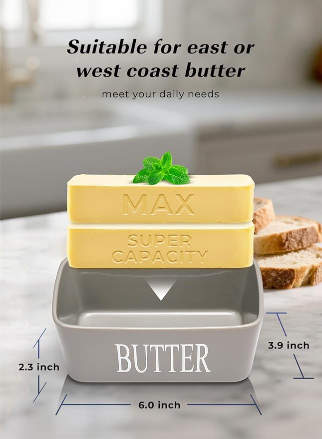 Butter Dish with Lid: Large Butter Container for Countertop - Ceramic Butter Holder for Counter - Butter Tray Butter Keeper with Knife and Sponge Scrubber - Perfect for 2 Sticks of Butter Grey