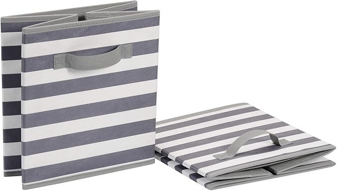 Amazon Basics Cube Organizer Storage Bins Handles, Collapsible Fabric, Pack of 6, 10.5"x10.5"x11", White/ Light Grey Stripe