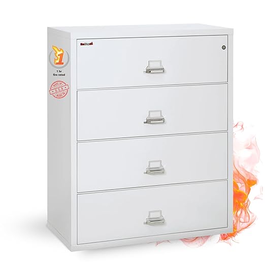 FireKing Fireproof Lateral File Cabinet (4 Drawers, Impact Resistant, Water Resistant), 44" W x 22" D, Arctic White, Made in USA