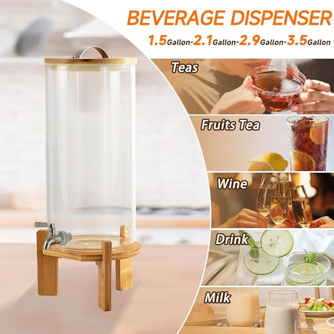 Beverage Dispenser, 2.9 Gallon Glass Drink Dispenser with Stand, Glass water dispenser with Spigot, Large Drink Dispensers for Parties,Bars,Restaurants, 11L
