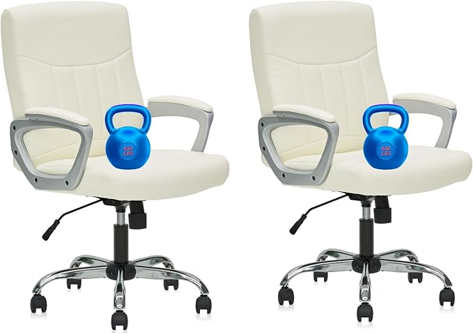 CLATINA Office Computer Desk Chair Executive Mid Back Chair Comfortable Ergonomic Managerial Chair Adjustable PU Leather Home Office Desk Chair Swivel, White 2PK
