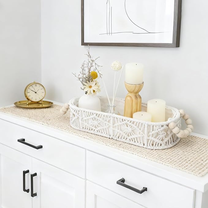 Small Storage Basket for Organizing, Woven Boho Decor Oval Macrame Toilet Paper Baskets for Toilet Tank Top Living Room Bedroom Entryway Decorative Counter Home Decor, Set of 2, White