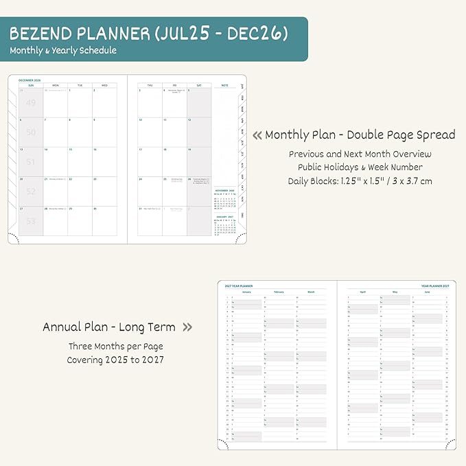 BEZEND Planner 2025-2026 Weekly and Monthly, 5.8" x 8.5" Academic Calendar (Jul 25-Dec 26) Vertical Daily Appointment with Hourly Timeslot & Monthly Tab, PU Leather Hardcover - Red