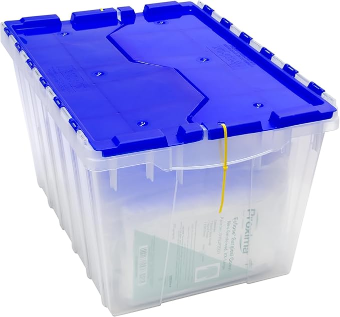 Akro-Mils KeepBox 12 Gallon Storage Container, Nesting and Stackable Plastic Storage Box with Lid Attached, Clear Tote for Garages, Closets, Moving, 21-1/2" x 15" x 12-1/2", Clear/Blue, Pallet of 48