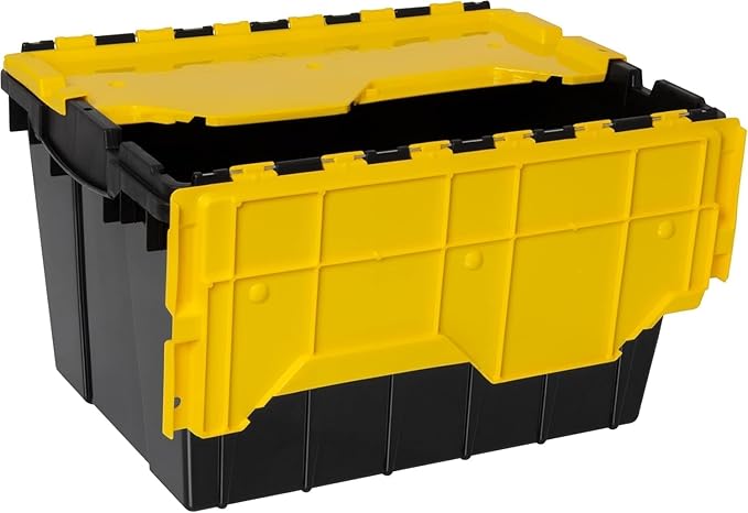 Akro-Mils KeepBox 12 Gallon Storage Container, Nesting and Stackable Plastic Storage Box with Lid Attached, Clear Tote for Garages, Closets, and Moving, 21-1/2" x 15" x 12-1/2", Black/Yellow, 6-Pack