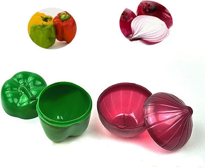 MIAO JIN 4 PCS Fruit and Vegetable Shaped Food Saver Storage Containers Holder Refrigerator Vegetable Crisper(Onion, tomato, lemon, green pepper)