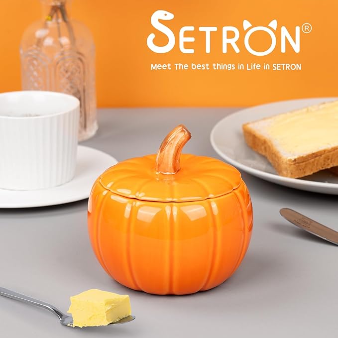 SETRON Halloween Pumpkin Butter Crock, Ceramic Butter Keeper with Lid, Airtight French Butter Crock for Countertop Storage, Butter Dish for Spreadable Butter, Perfect Gift for Kitchen