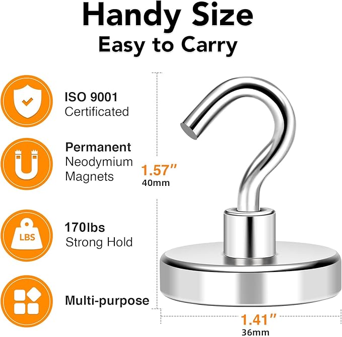 MIKEDE Magnetic Hooks Heavy Duty, 170LB+ Strong Neodymium Magnets with Hooks for Refrigerator, Large Magnetic Hooks with Epoxy Coating for Hanging, Home, Workplace - 10 Pack