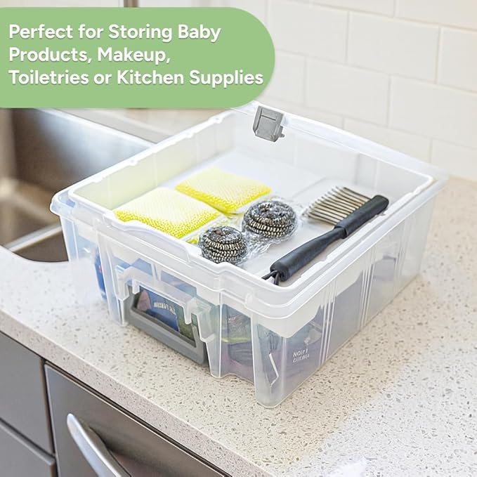 Best Kept Super Satchel Double Deep with Lift-Out Tray and Removable Dividers, Stackable Home Storage Organization Container, Clear with Sliver Latches and Handle