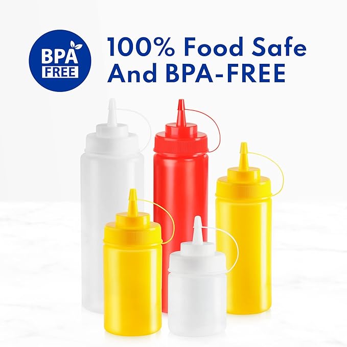 New Star Foodservice 533739 Plastic Squeeze Bottles with caps, Wide Mouth, 32 oz, Yellow, Pack of 6