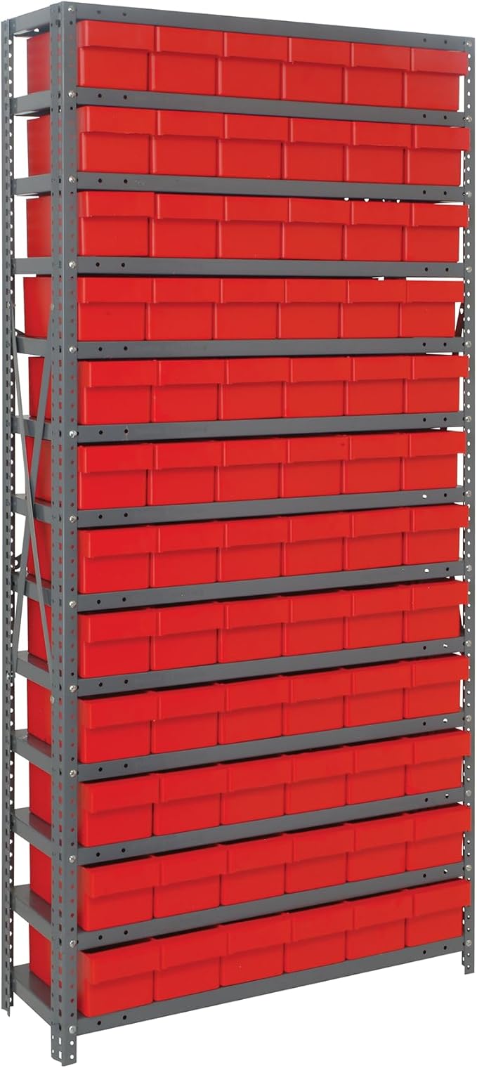 Quantum Storage Systems 1275-601RD Solid Heavy Duty 13 Shelves 72 Super Tuff Euro Red Bins 75" H x 36" W x 12" D