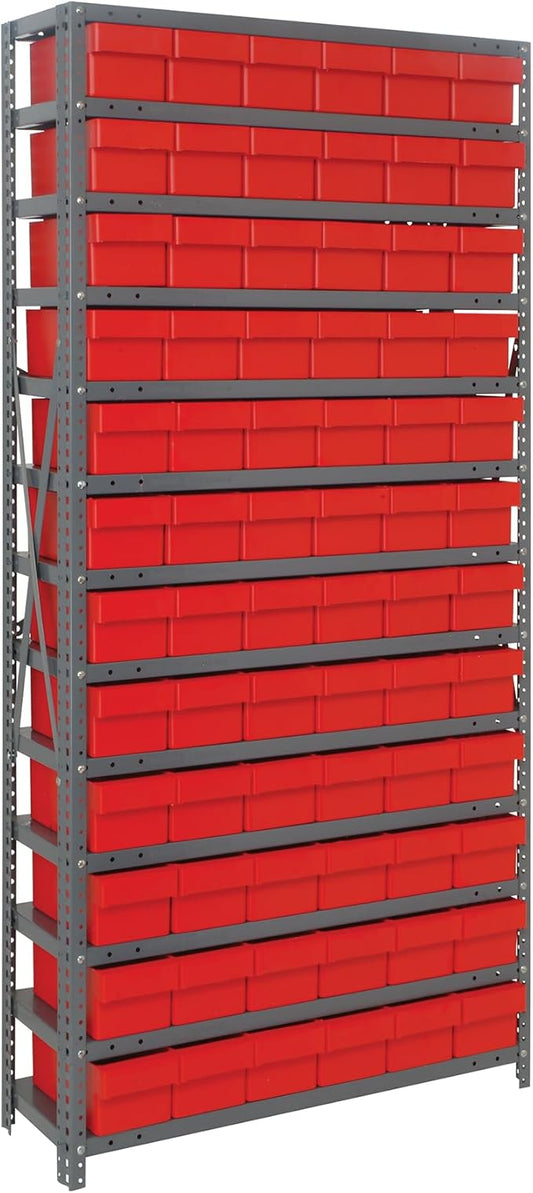 Quantum Storage Systems 1275-601RD Solid Heavy Duty 13 Shelves 72 Super Tuff Euro Red Bins 75" H x 36" W x 12" D