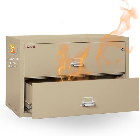 FireKing Fireproof Lateral File Cabinet (2 Drawers, Impact Resistant, Water Resistant), 27.75" H x 44.5" W x 22.13" D, Parchment