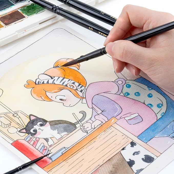 Transon Round Paint Brush Set 9pcs Synthetic Sable Hair for Acrylic Painting Watercolor Painting Gouache Ink Craft and Detail Painting Black Color