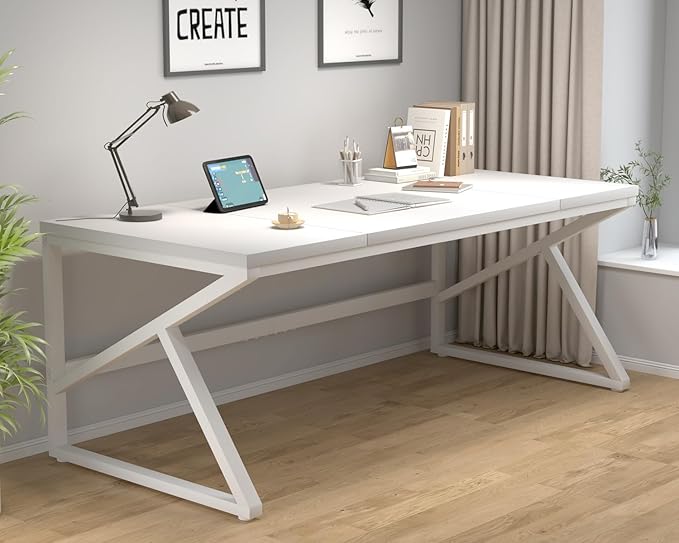 HSH 70 Inch Long White Computer Desk, Modern Large Executive Work Writing Study Gaming Desk for Home Office, Industrial Metal Wooden Two Person Desk Dual Monitor Workstation in Bedroom Living Room