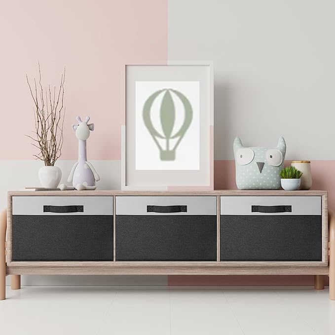 GhvyenntteS Large Storage Baskets for Shelves 3 Pack, Collapsible Fabric Storage Bins with 3 Handles, Decorative Closet Organizers and Storage bins for Clothes Blanket Beddings (Black, 15"x11"x9.6")