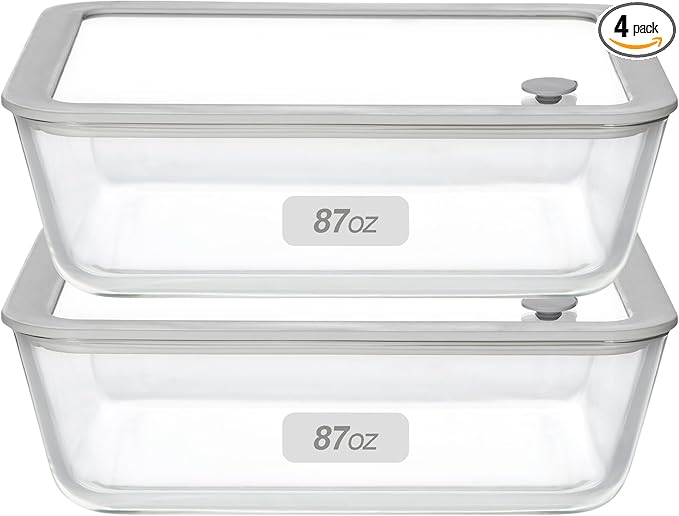 Glass Food Containers with Glass Lid, Microwave Safe Food Storage Container Set, 2 Pack of 87oz, Large Size Airtight Storage Set with Leak Proof Lids, Meal Prep Containers