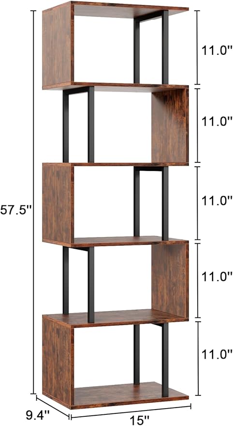 Furologee 6 Tier Bookshelf, Tall S Shaped Geometric Bookcase, Modern Display Shelf Standing Unit, Wood Metal Decorative Divider Rack for Living Room Bedroom Office, Rustic Brown