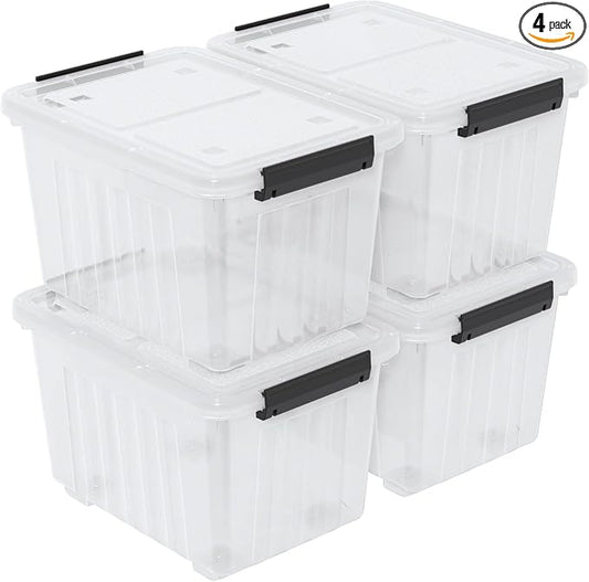 Obstnny 50 L Clear Plastic Storage Bins with Wheels, Large Lidded Organizer Boxes, 4 Pack