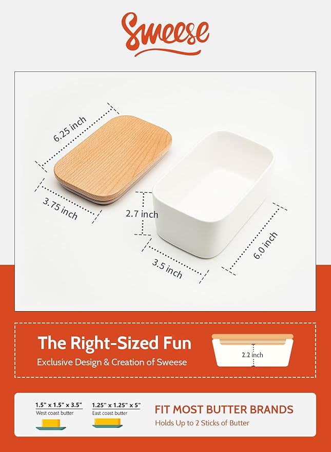 Sweese Large Butter Dish - Airtight Butter Keeper Holds Up to 2 Sticks of Butter - Porcelain Container with Beech Wooden Lid, White