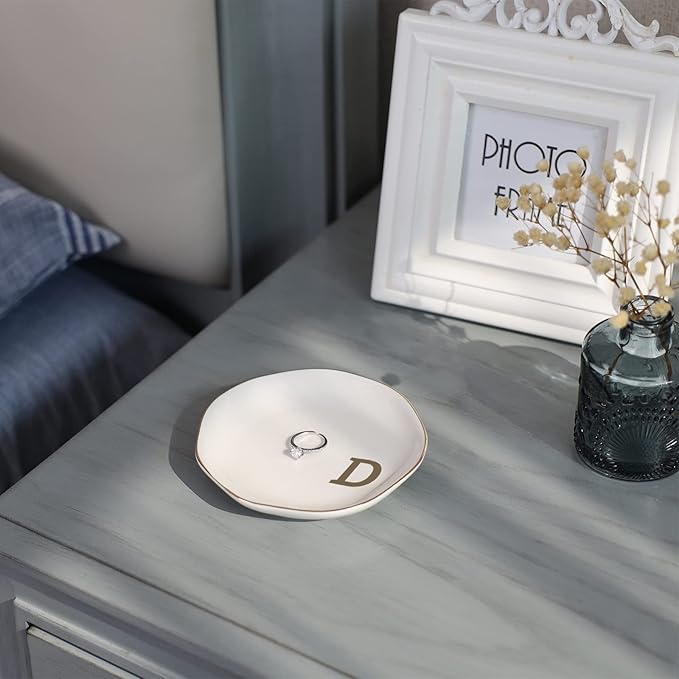 Initials Ring Dish Jewery Tray with Personalized D-Monogrammed Gifts Wedding Engagement for Women Friends sister,Ceramic White