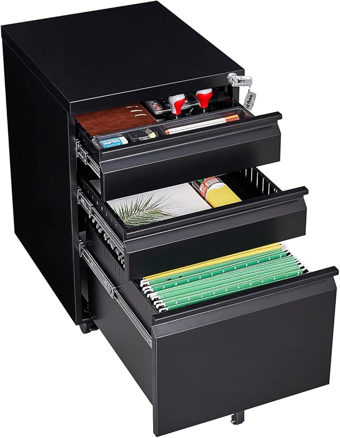 3-Drawer Lockable Mobile File Cabinet – Metal A4/Letter/Legal Size Storage for Home/Office, Pre-Assembled, Space-Saving Under-Desk Cabinet with Wheels (Black)