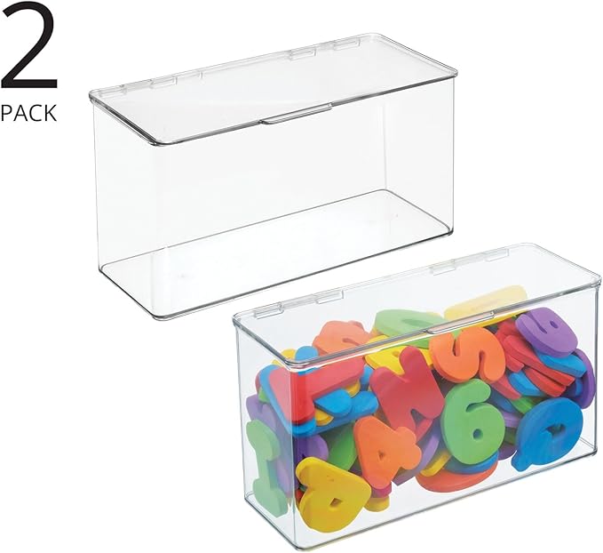 mDesign Plastic Stackable Playroom/Gaming Storage Organizer Bin Box with Hinged Lid for Drawer or Cabinet - Organize Electronics, Crayons, Games, Blocks, Toys, Lumiere Collection - 2 Pack - Clear