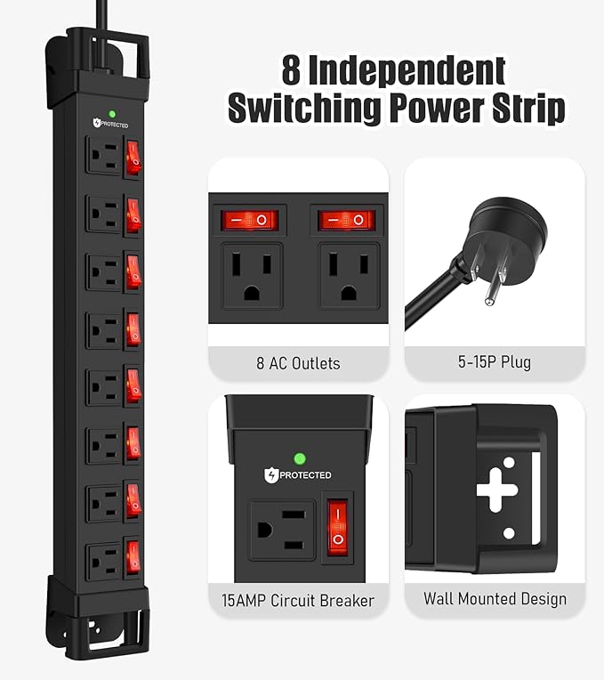 Heavy Duty Power Strip with Individual Switches,8 Outlets 14 Gauge Industrial Shop Garage Metal Multiple Outlets,1200J Surge Protector Mountable Power Strip,6FT Extension Cord Management(Black)