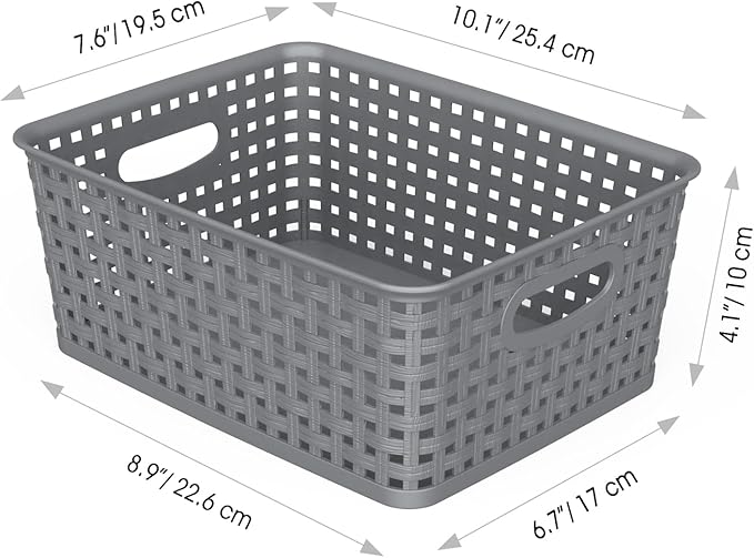 WYT 12-Pack Plastic Small Shelf Storage Weave Baskets for Organizing, Grey