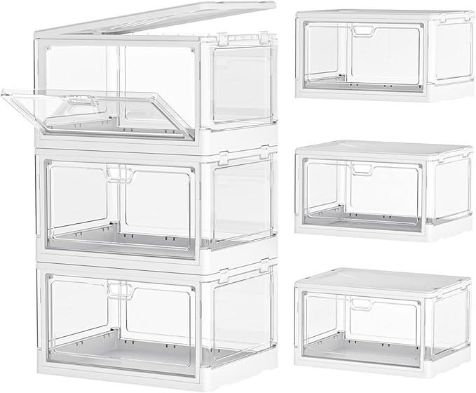 Clear Storage Bin with Lid 3 Pack 【Stackable & Sturdy】 Plastic Multifunctional Folding Storage Bins for Bedroom, Living Room, Study,Room, 23 QT Folding Box with Magnetic Door