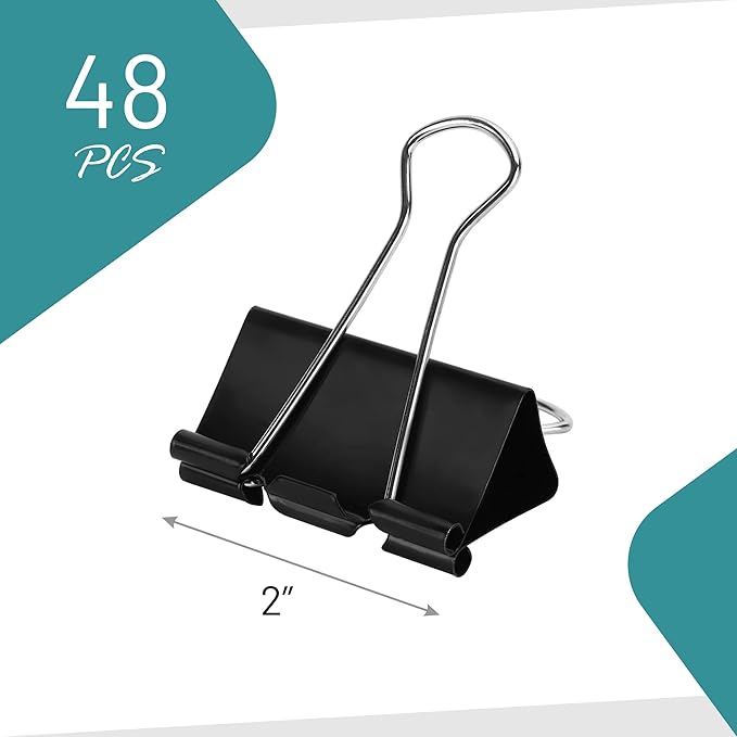 Binder Clips - 48 Pack Large Binder Clips, 2 Inch, Black Paper Clamps, File Clip for Home, Office and School Supplies