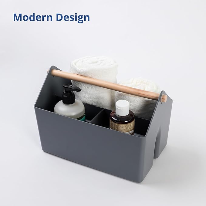 BLUE GINKGO Medium Storage Basket – Plastic Caddy with Wooden Handle for Office, Arts & Crafts, or Home Supplies (Gray)