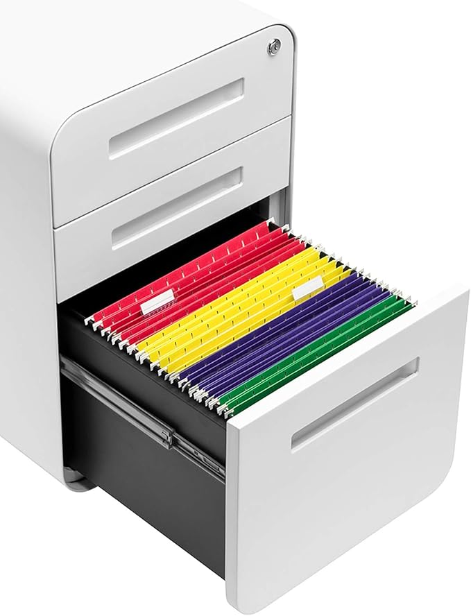 Laura Davidson Furniture Stockpile 3 Drawer File Cabinet with Lock - Under Office Desk Metal Filing Cabinet, Legal/Letter File Folders, Wheels and Stationary Feet, Pre-Assembled, White