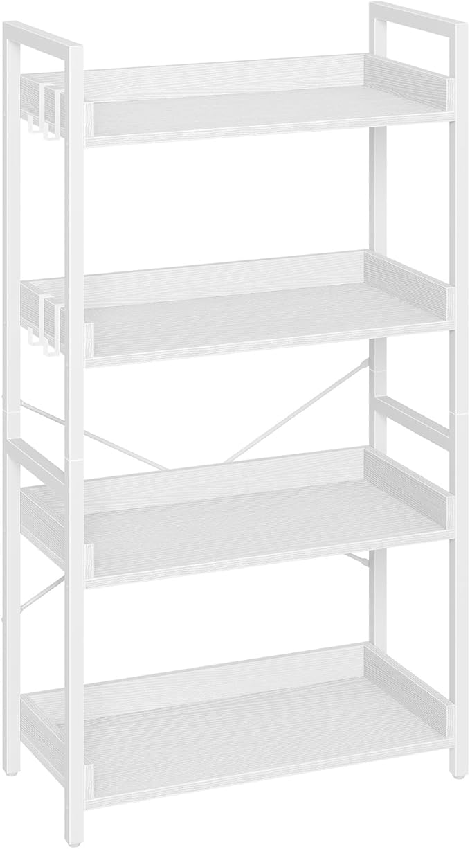 Rolanstar Bookshelf 4 Tier with 4 Hooks, Industrial Wood Bookcase, Vintage Storage Rack with Open Shelves, Rustic Standing Bookshelves Metal Frame Display Rack for Living Room, Bedroom, White