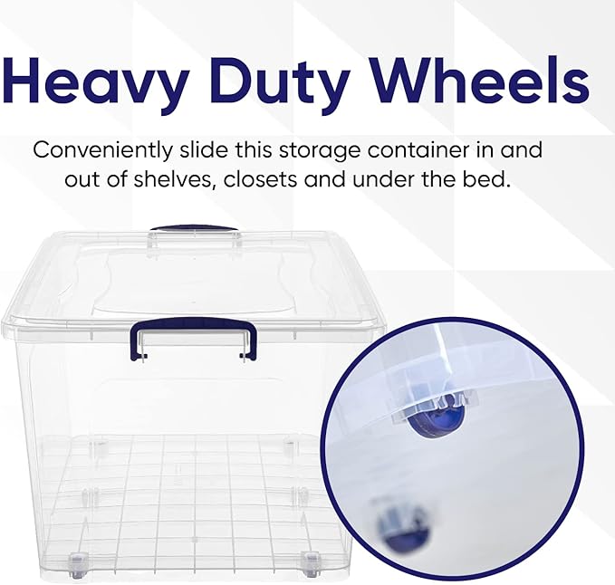 Superio Clear Storage Boxes with Wheels (2 Pack), 85 Qt Heavy Duty Containers with Lids, Stackable Rolling Bins for Home, Garage, Closet Organization- Linen, Tools, Clothing, Supplies