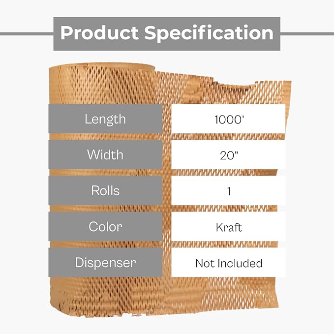 PSBM 1 Roll Honeycomb Packing Paper, 20 Inch x 1000 Feet Bubble Cushioning Wrap For Shipping Materials, Recyclable Honeycomb Paper