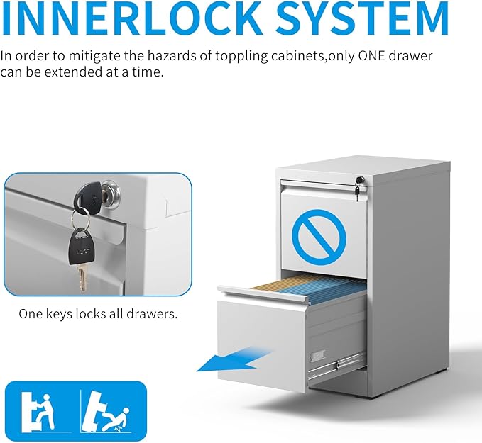 2 Drawer File Cabinet with Lock, Vertical Metal Filing Cabinet Under Desk Storage Cabinet, Legal Letter File Cabinets for Home Office, Easy Assemble (White)