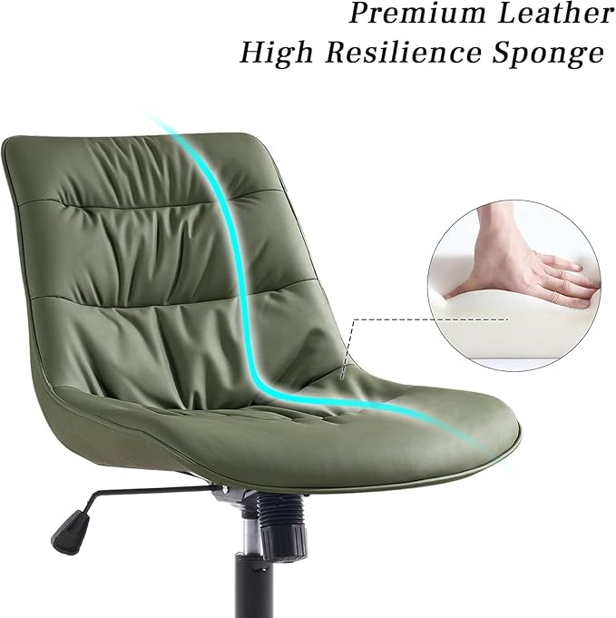Kidol & Shellder Faux Leather Office Chair, Adjustable Swivel Height Task Chair, Rolling Wheels & Soft Backrest - Armless Ergonomic Desk Chair for Home, Office,Vanity,Gaming（Bean-Green）