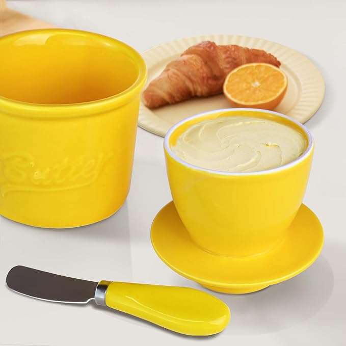 Ceramic Butter Crock with Lid & Spreader Knife, Butter Keeper - Ideal Butter Storage & Countertop Butter Dish, Yellow