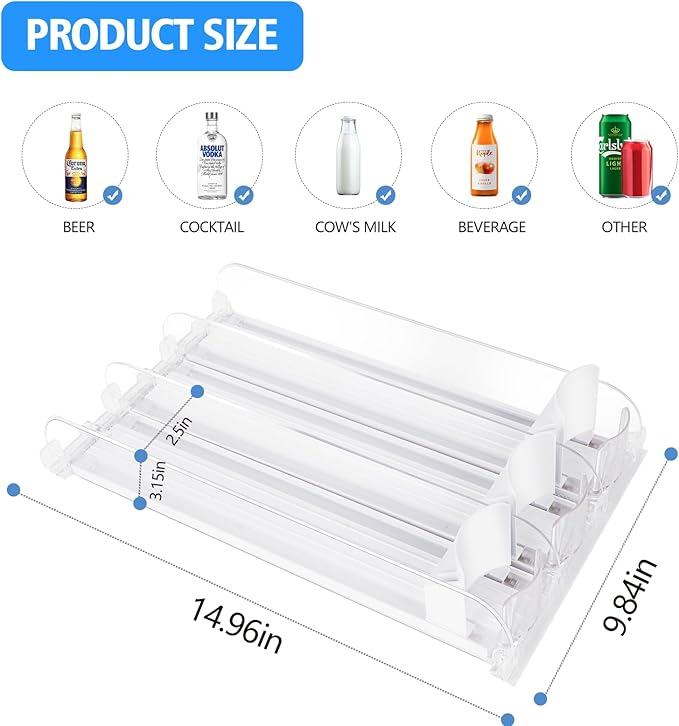 SOLY Drink Organizer for Fridge, Soda Can Dispenser for Refrigerator, Automatic Drink Dispenser Holds 6–20oz, 3 Row, 14.96" Deep