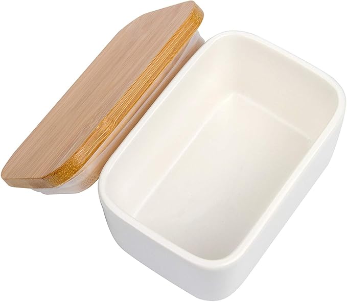 Porcelain Butter Dish with Lid,Ceramic Butter Dish with Bamboo Lip,Butter Keeper Container with Cover for Countertop or Refrigerator,Heat Resistant Kitchen Butter Storage Dish,White (300ml)