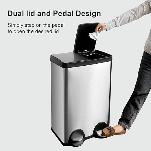 Dual Trash Can, 60 Liter/16 Gallon Dual Bin Trash Can with Lids, Kitchen Trash Can Dual Compartments, Trash and Recycling Bin Combo, Hands-Free Stainless Steel Kitchen Trash Can