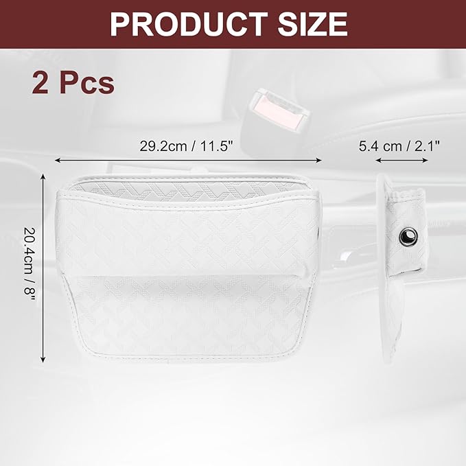HARFINGTON 2pcs Car Seat Gap Filler Organizer 11.5 x 8 x 2.1 Inch Leather Universal Car Organizer Storage Box Between Seat and Console for Phone Sunglasses Keys, White