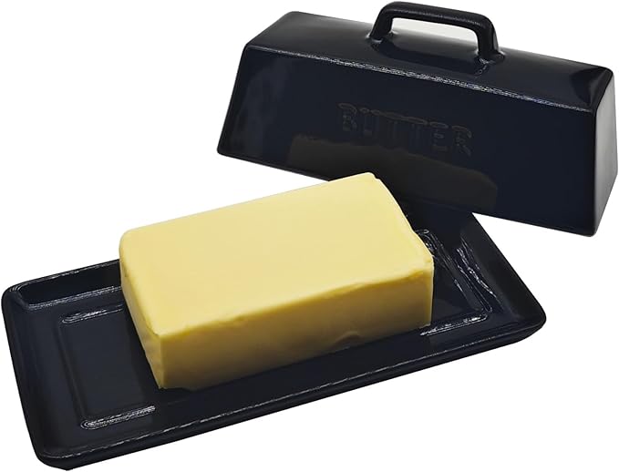 Ceramic Butter Dish With Lid for Countertop, Covered Butter Holder With Lid, Black Butter Container, Butter Tray With Handle