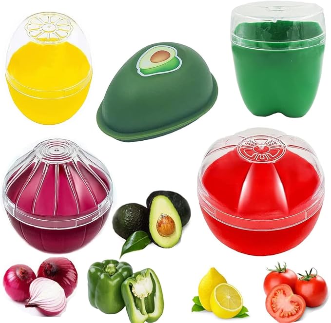5 Pieces Fruit and Vegetable Shaped Savers Keepers Storage Containers for Fridge, Avocado Green Pepper Tomato Lemon and Onion Keeper/Saver/Holder, Refrigerator Vegetable Crisper