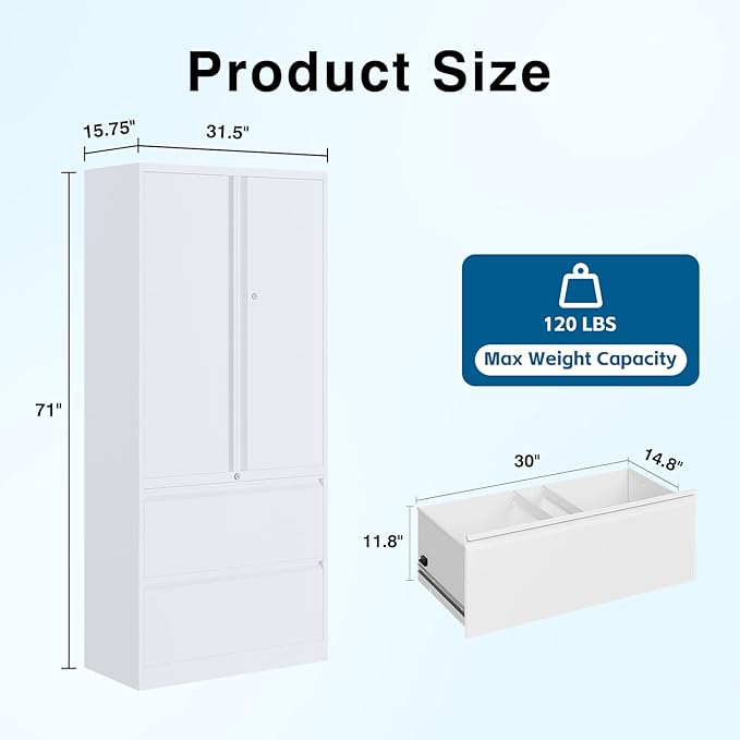 2-Drawer Metal File Cabinet, Lateral Vertical Filing Cabinets for Home Office, Locking File Cabinet with Storage Shelves, Legal/Letter/A4 Size (White, Assemble Required)