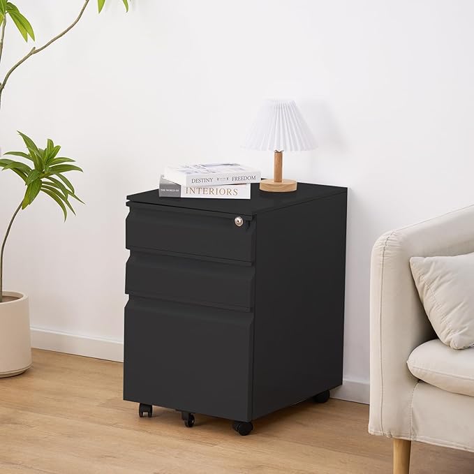 Garvee Mobile Filing Cabinet 3 Drawer,Under Desk File Cabinet with Lock & Anti-Tip Wheel, Metal Rolling Filing Cabinets for Home Office Organizer,a4/Letter/Legal Hanging File Folders