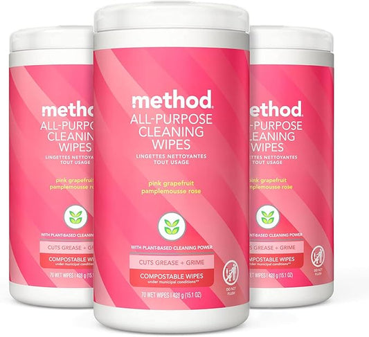 Method All-Purpose Cleaning Wipes, Pink Grapefruit, Multi-Surface, Compostable, 70 Count (Pack of 3)