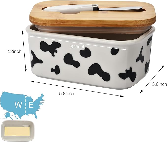 Large Butter Dish with Lid for Countertop,Cow Ceramic Butter Container with Knife Airtight Cover,Butter Keeper for Kitchen Counter or Fridge,Butter Holder Storage,Farmhouse Decor (White)